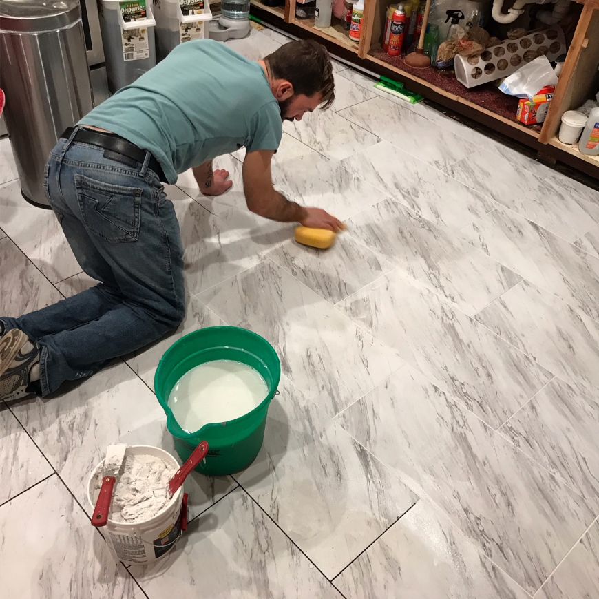kitchen floor replacement DIY marble look peel and stick vinyl tiles