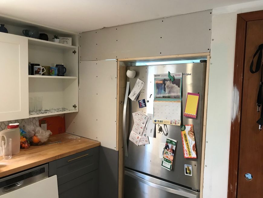 DIY kitchen remodel renovation fridge cubby refrigerator in wall custom