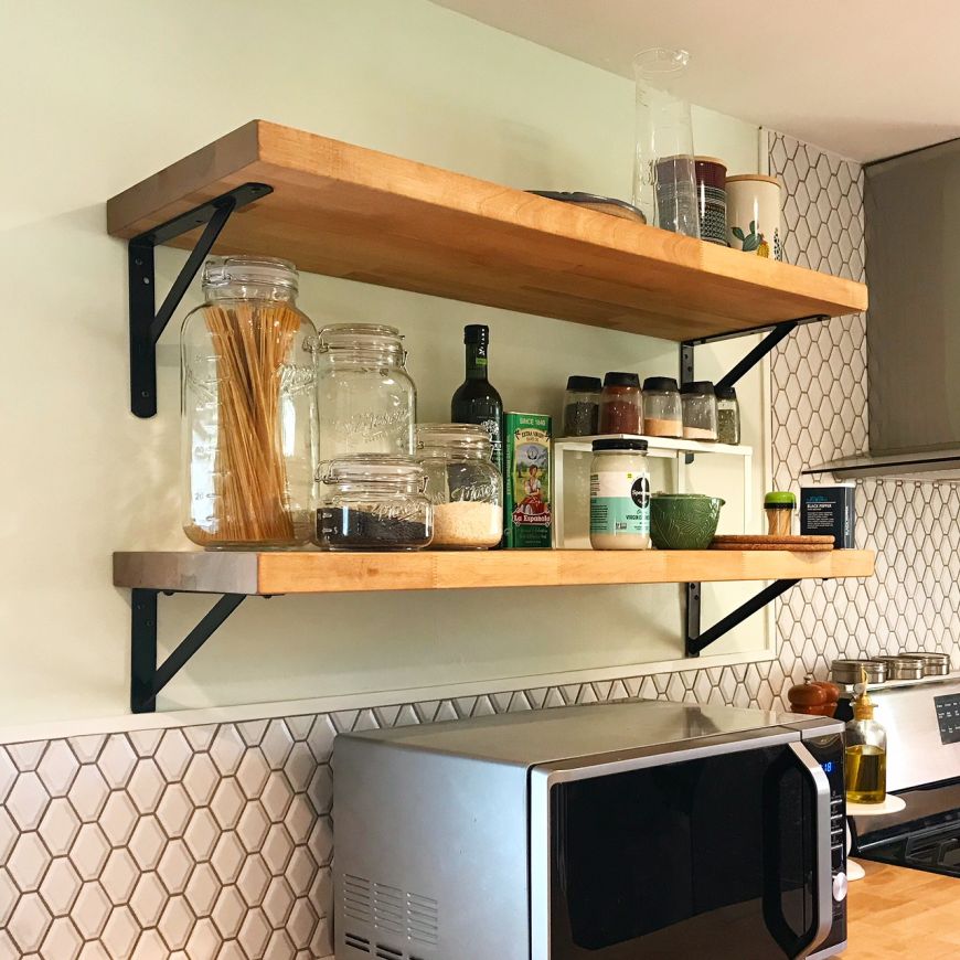 DIY kitchen remodel renovation shelves thick butcher block chunky
